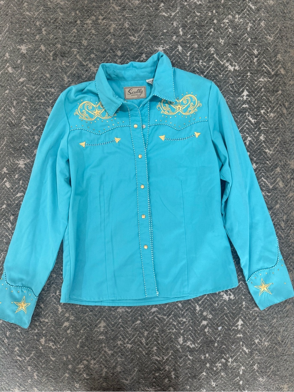 Scully Turquoise Western Shirt M Gold Star Embroidered Rhinestone Pearl Snap